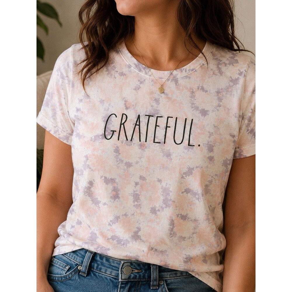 Rae Dunn Grateful Tie Dye Artist Short Sleeve Shirt Pink & Grey Medium